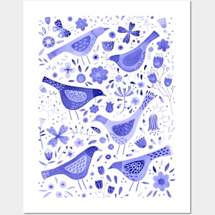 Blue Watercolor Birds in a Flower Garden Posters and Art